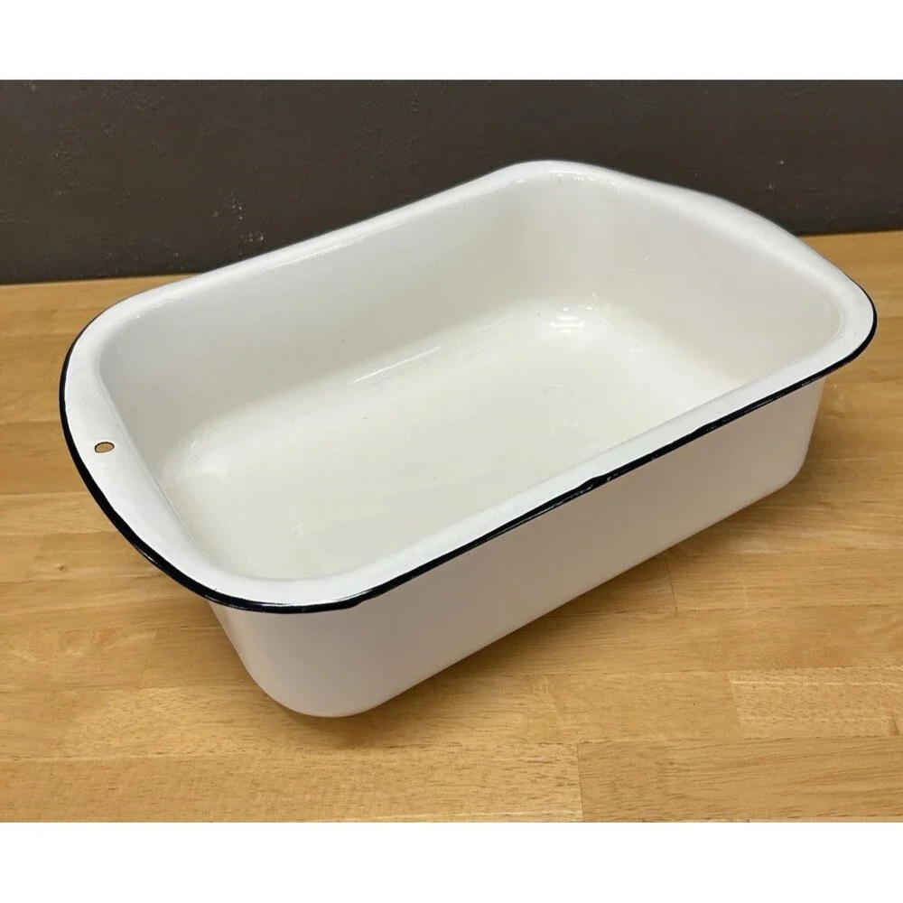 Vintage Enamelware Refrigerator Pan Tub Basin White Black Trim Farmhouse Rustic